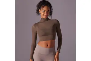 Women Sports Bra Underneath Mesh Breathable Long Sleeve Crop Top Padded Turtle Neck Yoga Pilates Workout Shirts