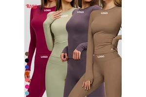 Wholesale Custom Logo Women Compression Long Sleeve Fitness Top Round Neck Smooth Fabric Tummy Control Sports Yoga Activewear