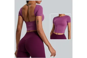Women High Quality Backless Yoga Crop Top With Fixed Cups Quick Dry Breathable Slim Fit Fitness Short Sleeve Workout Apparel