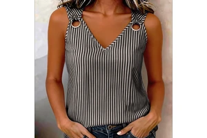 Summer New Breathable Knitted Casual Trendy Shoulder Strap V-neck Striped Sleeveless Vest