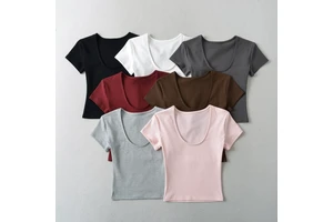 LULUXIXIYAYA Summer New Round Neck Shoulder Slim Short Solid Color Ladies Short Sleeve T-shirt