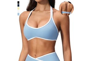 Women Halter Yoga Bra Lightweight Four-Way Stretch High Support Contrast Stitch Backless Gym Top Removable Pads Breathable Quick