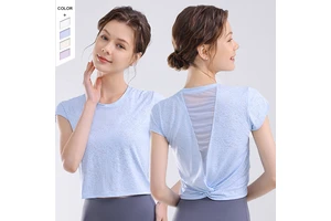 2023 New Style Mesh Stitching Round Neck Pilates Outwear Kink Design Yoga Fitness Sports T-Shirt
