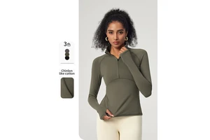 Women Autumn Winter High Neck Half Zip Yoga Top Slim Fit Long Sleeve Stand Collar Casual Outer Fitness Wear