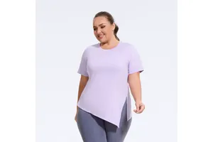 Breathable Women's Plus Size Pilates Training Top Slit Short-Sleeved Yoga T-Shirt Fitness Sportswear for Sports and Yoga