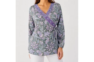 Custom Cotton Blouse Women Long Sleeve V Neck Floral Block Print Wrap Tunic Top Boho Green Purple Cotton Clothing Manufacturer