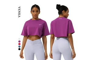 Women's 100% Cotton Fitness Top Loose Breathable Athletic Wear Crop Top Round Neck Women Sports Yoga Sleeve Loose T Shirts Tops