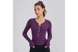 Modal Ribbed Button Open Long Sleeves Sports Gym Fitness Shirts Four-Way Stretch Workout Dance Yoga Shirts for Women