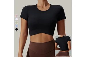 Ready Stock Sexy Breathable Lightweight V-Hem Short Sleeve Yoga Crop Top High Elastic Soft Gym T-Shirt for Women Crop Top Shirt