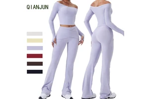 Off-Shoulder Long Sleeved Yoga 2-Piece Fitness Suit High Waist Tight Pants Indoor Pilates Fitness Suit Plus Size Yoga Suit
