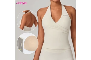 Janya Women's Slim Fit Sleeveless Backless V-Neck Halter Sports Vest Removable Pads Front Breathable Quick Dry Gym Yoga Tank Top