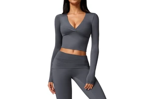 New Women's Deep V Sexy Leisure Sports Long Sleeve Top Tight Pure Want to Show Thin Yoga Clothing Outdoor Sports Fitness Clothes