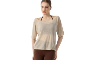 Casual Summer Yoga Tops Five-quarter Sleeve Women's Crew-Neck T-Shirt Loose Simple Breathable Versatile