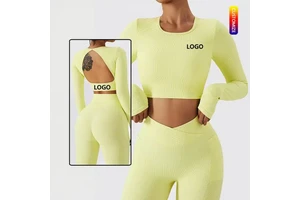 Best Quality Gym Workout Fitness Yoga Wear High Strength Quick Dry Ribbed Long Sleeve Seamless Backless Sports Spandex Running