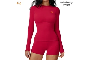 Aoyema Sportswear Women's Long-sleeved Yoga Fitness Suit Slim-fit Crew Neck Moisture Wicking Sweat-Wicking Yoga Outdoor Shirt
