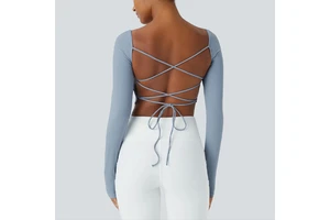 OEM Custom Logo Women's Long Sleeves Backless Crop Yoga Sports Top With Built-in Bra
