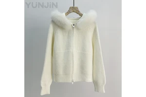 Waffle Knitted Real Fox Fur Collar Cardigan Crochet Sweater Fur Coat Zipper Hooded Long Sleeve Winter Top Women Ladies Clothes
