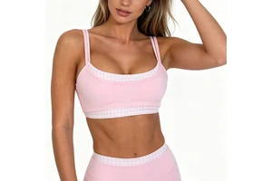 Grid Pattern Gym Fitness Bras Women Double Layer Sports Yoga Sleeveless Crop Top Camisole Bra