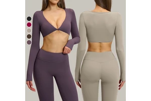 Hot Sale Custom Softness Workout Sportswear Tight Long Sleeve Yoga T-shirt Sexy Deep V Neck Women Workout Gym Crop Top Sexy Top