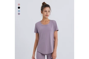 Women's Spring Summer Yoga Top Solid-Color Short-Sleeved T-Shirt Loose & Breathable Fitness Sports Running Compression T-Shirt