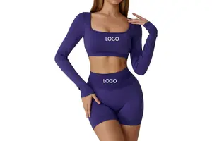 Custom Outdoor Breathable Eco-Friendly Seamless Tight Long Sleeves Gym Fitness Clothes Slim Backless Sports Running Front