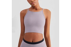 Trendy Design Gym Yoga Top Stretchy Full Cup Yoga Bra High Neck Removable Padded Ribbed Sports Bra