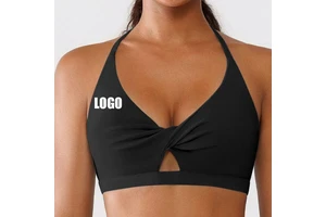 OEM Custom Logo Womens Tank Tops Twist Knot Halter Cross Back Removable Triangle Cup Cutout Bra Breathable Yoga Workout Gym