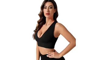 Aoyema Custom Woman Sexy Deep V Neck Yoga Vest Seamless Rib Fitness High Stretchy Clothes Soft Running Bra Sport Tops