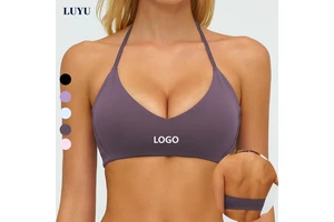 Custom Brand LOGO Sexy Deep V Neck Sports Halter Bra Backless Training Fitness Soft Naked Pilates Yoga Tops