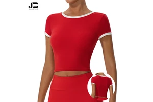 Women's White Edge Matching Color Round Neck Yoga Short Sleeve Top Pilates Slim Fitness Clothes Sports Quick Drying T-shirt