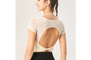Breathable Mesh Backless Yoga Top Slim Fit Quick-Dry Short Sleeve Spandex Sportswear for Fitness Reversible Washed Summer