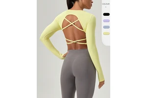 Women Crisscross Back Long Sleeve Yoga Top, 4-Way Stretch Breathable Workout Shirt