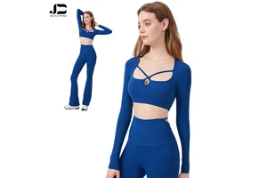 Autumn and Winter square Collar Hollow Long Sleeve Yoga Clothes Quick Dry Casual Top Women Training Running Sports Clothes