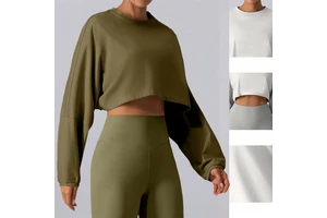 Women's Athletic Crop Top Round Neck Loose Fit Modal Cotton Long Sleeve Sportswear for Workout Yoga Casual Daily Wear