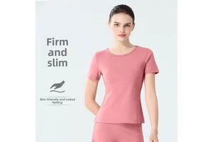 European American Thin Cool Sports Short-sleeved Women's Quick-drying Breathable Mesh Spandex/Polyester Solid Yoga Wear Top