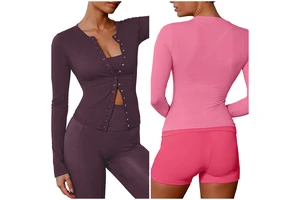 Women's Long-Sleeved Yoga Tank Top Button Design Breathable Spandex/Nylon Fabric for Pilates Running Fitness
