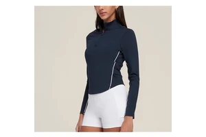 Nylon Mesh Cropped Workout Yoga Athletic Slim Fit Shirts Quarter Zip Long Sleeve Pullover Women Sports Top