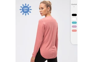 Yutuo Custom Quick Dry Moisture Wicking Long Sleeve Sports T-Shirt for Women UPF 50+ UV Protection Curved Slit Hem Yoga Gym Top
