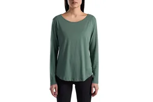Custom Women Long Sleeve T Shirt Round Neck Loose Fit Casual Gym Wear Breathable Soft Cotton Fitness Yoga Plain Green T Shirt