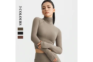 Explosive Models Short Nude Feeling Quickly Dry Pleated High Collar Longsleeve Sportswear for Women Running Fitness Yoga T-Shirt