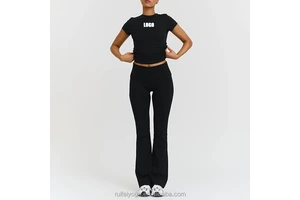 Custom Logo Short Sleeves Slim Fit Gym Tee Cotton T-Shirts Wide Leg Fold-over Yoga Pants Flared Leggings 2 Pieces Women Yoga Set