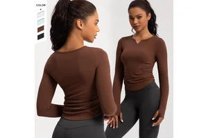 Customized Logo High StretchFitness Long Sleeves Thumb Holes Waist Side Pleated Running Fitness Long Sleeves