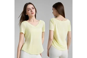 Roregal 2025 New Regenerated Fiber Double Layer V-neck Sports T-shirt Women's Fitness Loose Breathable Yoga Short Sleeve