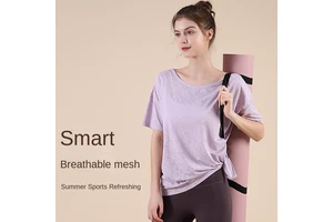 Summer New Quick-drying Floral Mesh Blouse Women's Loose Breathable Neck Sports Short-sleeved Top Fitness Outer Wear Yoga