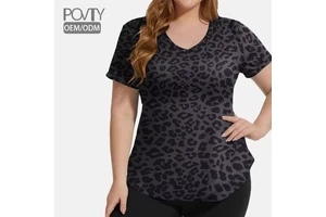POVTY Custom Printed Women's Plus Size Casual Summer Running Knitted Short Sleeve T Shirts Loose Fit V Neck Workout Yoga Tops