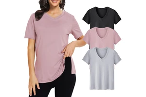 Hot Selling Plus Size Women's Casual V Neck 220G Terry Polyester Spandex Blend Loose Fit Soft Regular Shoulder T-Shirt Summer