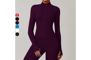 Wholesale Blank Women Stand Collar Long Sleeve Gym Top Fitness Thumb Hole Sports Yoga Jacket With Zipper Pocket