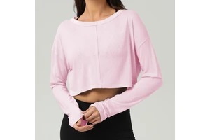 New Breathable Quick Dry Spandex/Cotton Fitness Sports Long-sleeved Top Women's Hollow Crew Neck Short Backless Loose Fit Yoga