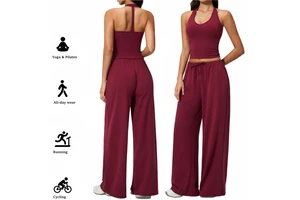 Women Outdoor Fitness Yoga Set Halter Neck Shockproof Top Quick Dry Loose Wide Leg Sports Long Pants