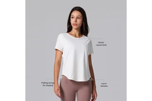 Summer Loose Fitness Short Sleeve Yoga Top Drawstring at Side Breathable Quick Dry Casual Gym Workout T-Shirts for Ladies